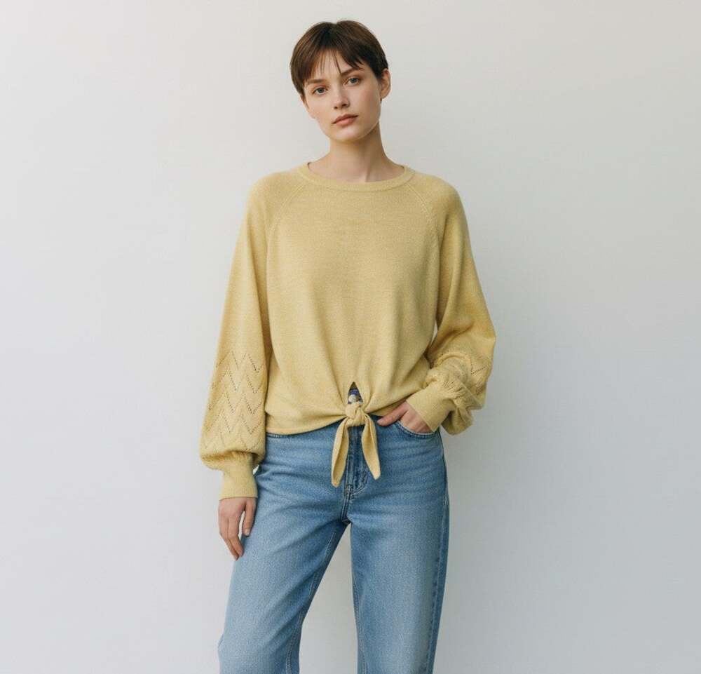 LC Lauren Conrad Butter Yellow Knot Front Sweater Diamond Lace Sleeve Size L